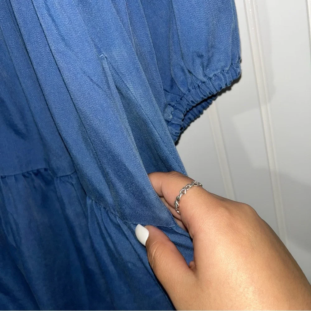 Old Navy XL petite ruffled tie neck tiered chambray tencel swing boho dress - Picture 8 of 8